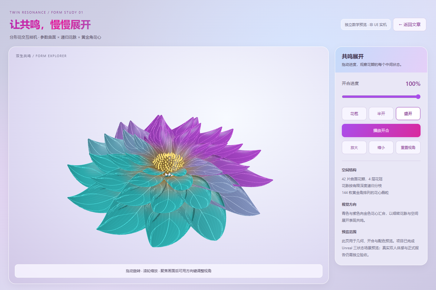 知微浅紫风格的 WebGL 数学样机,展示盛开的青紫花瓣、黄金色花心和开合控制面板